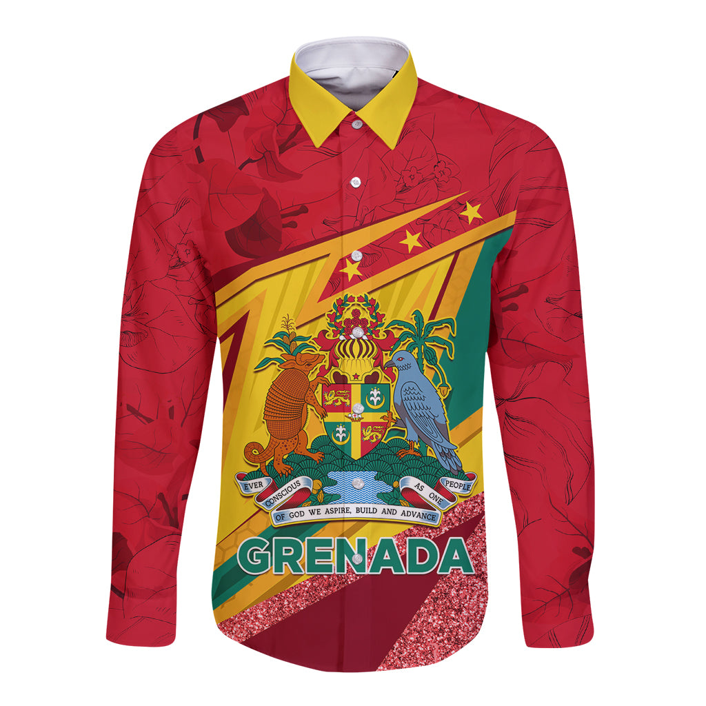 Red long-sleeve button shirt with yellow-green Grenada crest graphic