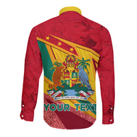 Red long-sleeve button shirt with back crest graphic and YOUR TEXT design