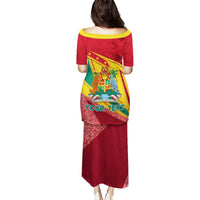 Red long dress with yellow collar trim, large back graphic and glittery lower skirt