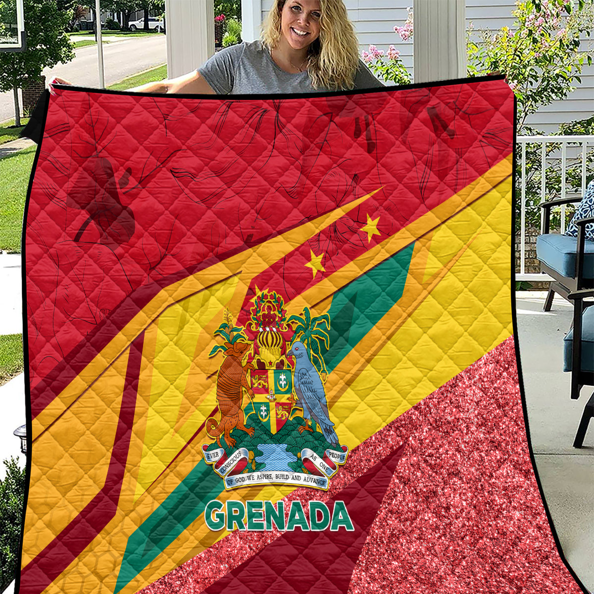 Grenada flag quilt with red, yellow, and green colors and glittery bottom border
