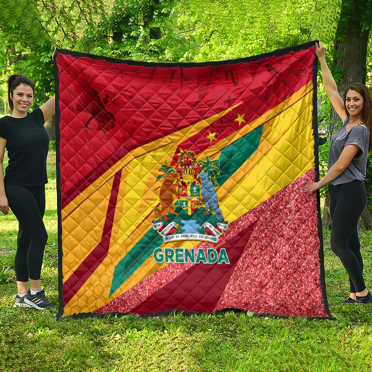 Grenada flag quilt, quilted red yellow green design with sparkling red edge