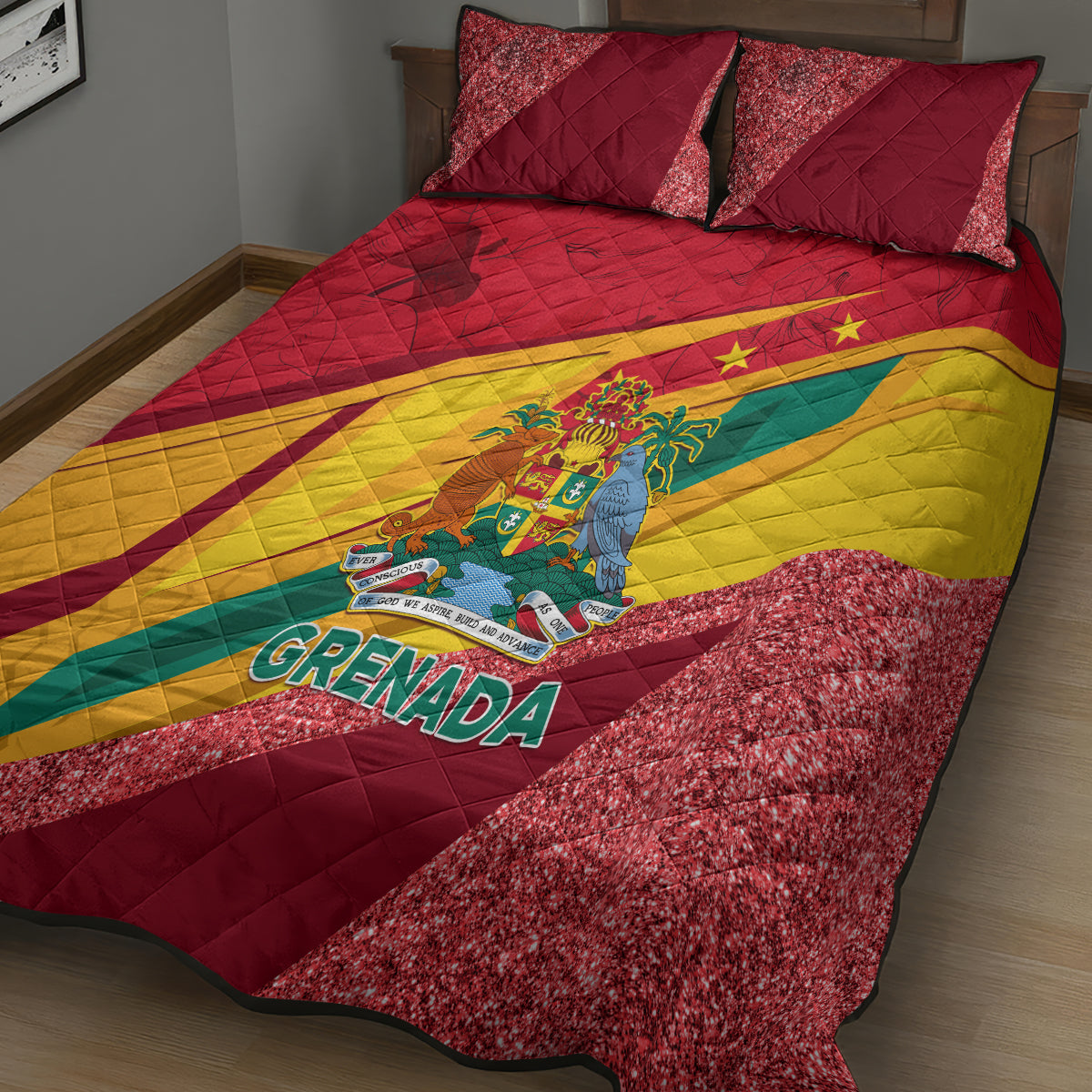 Grenada-themed quilt bed set with sparkly red/yellow/green flag quilt top and two shams