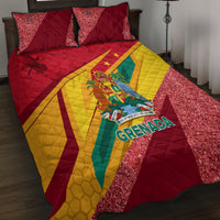 Grenada flag quilt bed set with sparkly red panels, quilted texture, and two shams
