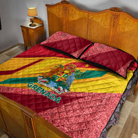 Grenada-themed quilt bed set with sparkly quilted comforter and two red pillow shams