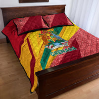 Grenada-themed quilt bed set with sparkly red quilt, yellow stripe, and two matching shams