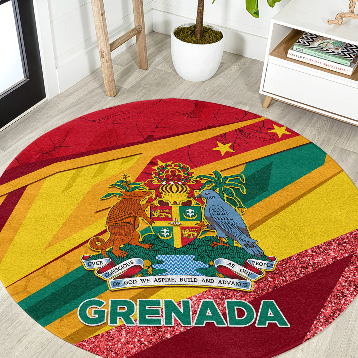 Round Grenada flag carpet with glittery red edge and central coat-of-arms