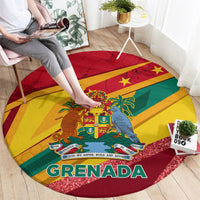Round Grenada flag area rug with sparkling red border and coat-of-arms center