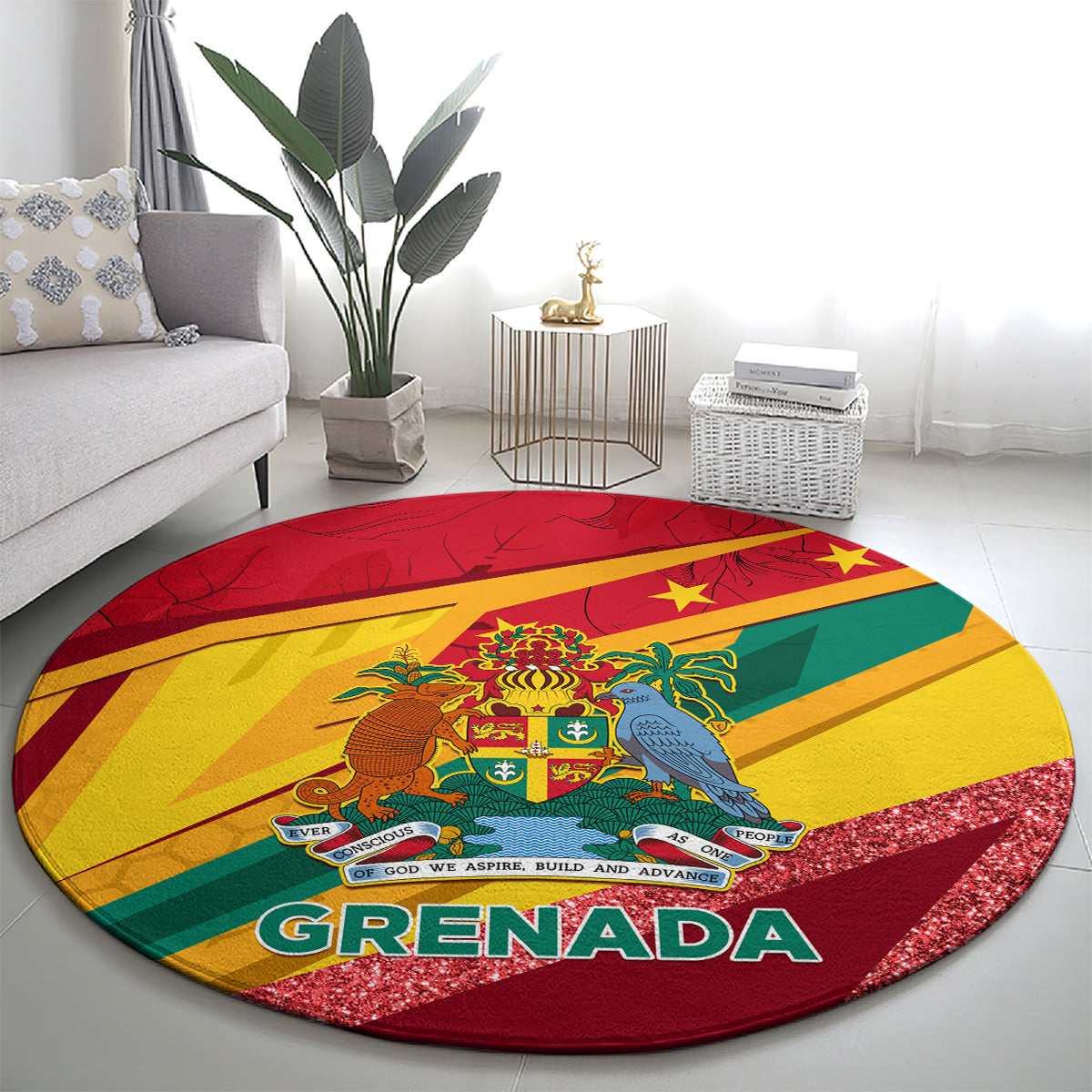 Round Grenada flag rug with glitter border and bold "GRENADA" text at the bottom