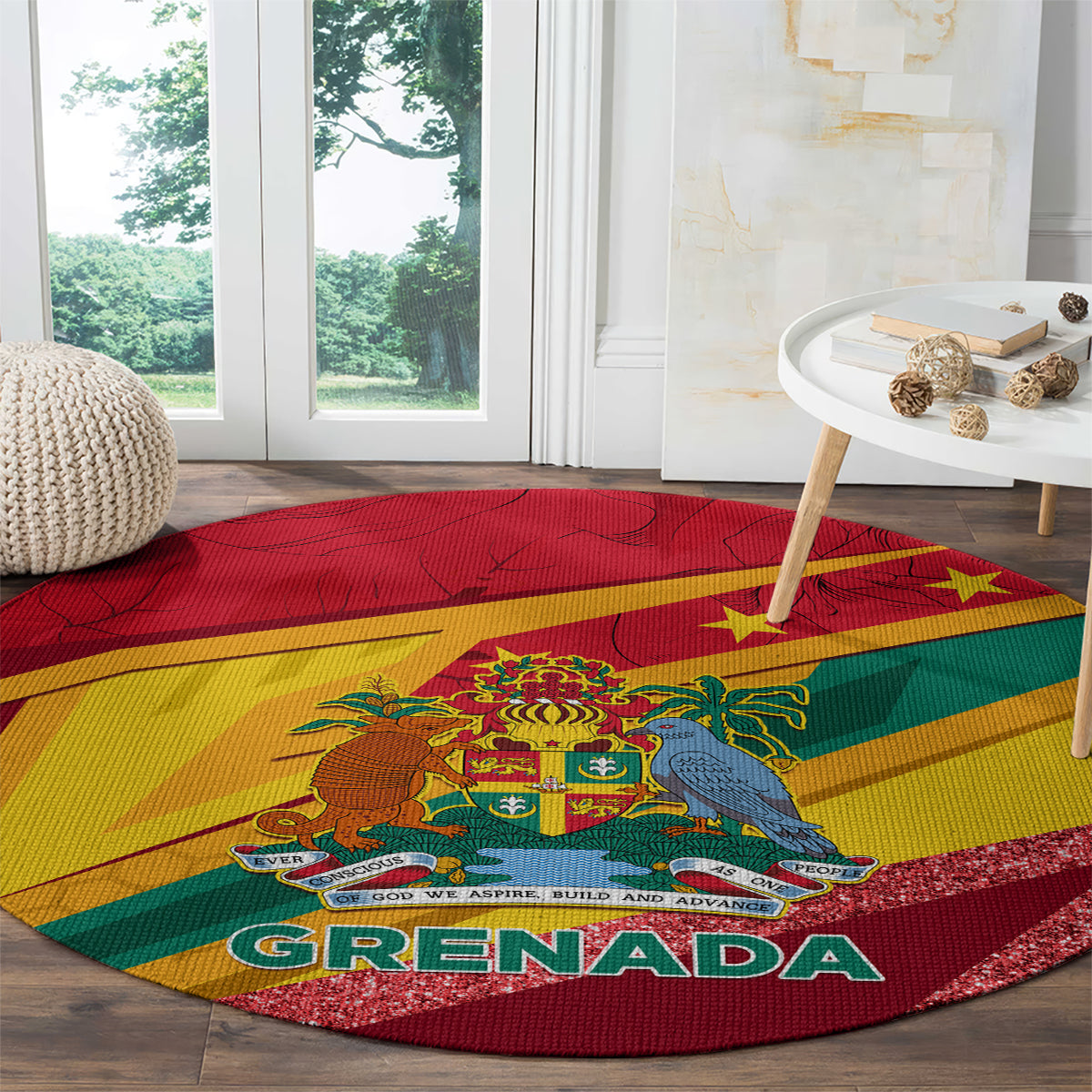 Round Grenada flag carpet with glitter border, coat-of-arms and yellow star details