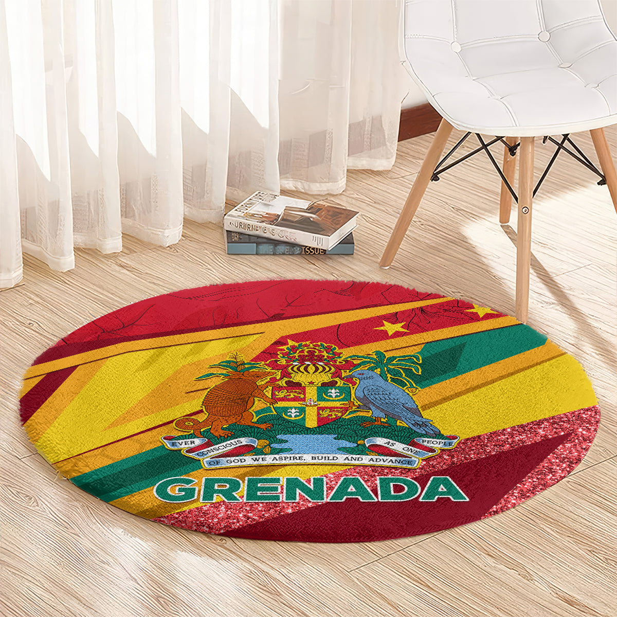 Round Grenada flag rug with glitter red rim and "GRENADA" wording