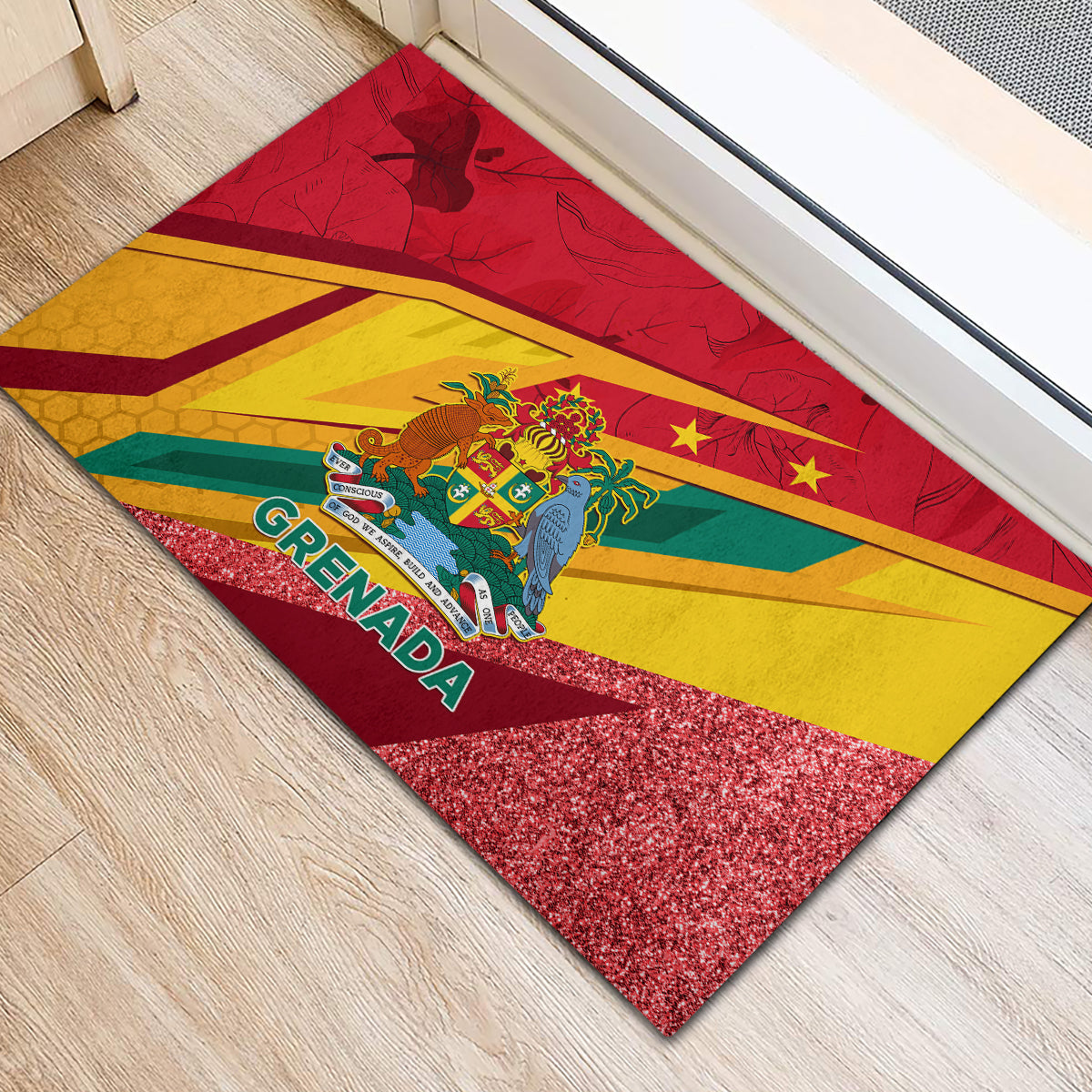 Rectangular red rubber doormat with Grenada flag, center crest and glitter-speckled edge