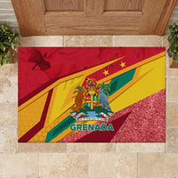 Grenada-themed red rubber doormat with flag stripes, crest and glitter-speckled area