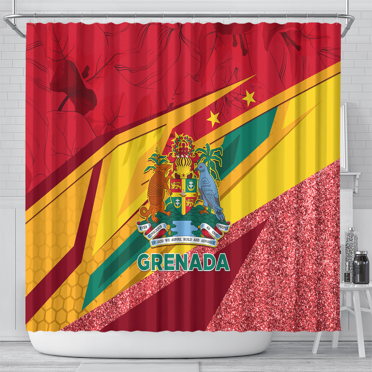 Red Grenada shower curtain with coat of arms and GRENADA lettering, diagonal rainbow stripes