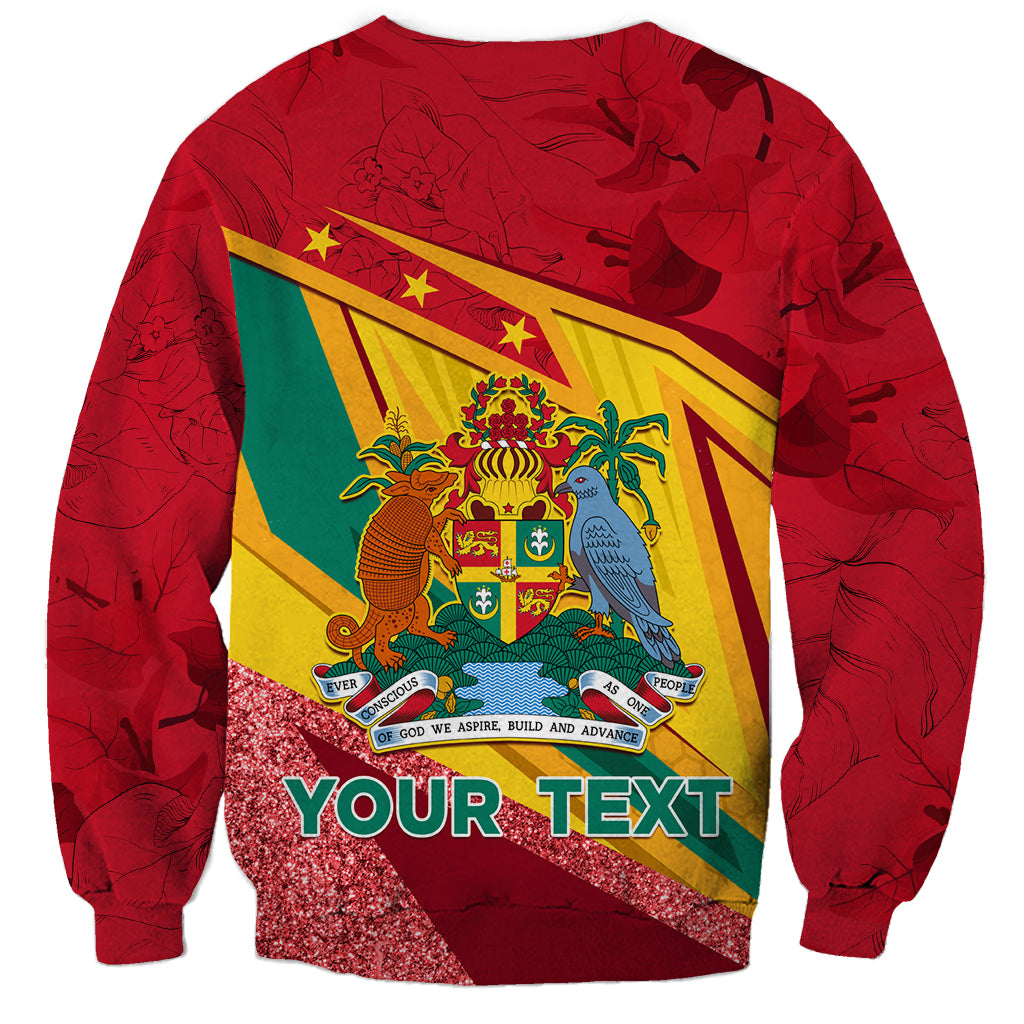 Red unisex long-sleeve sweatshirt with glittery crest and 'YOUR TEXT' graphic