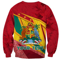 Red unisex long-sleeve sweatshirt with glittery crest and 'YOUR TEXT' graphic
