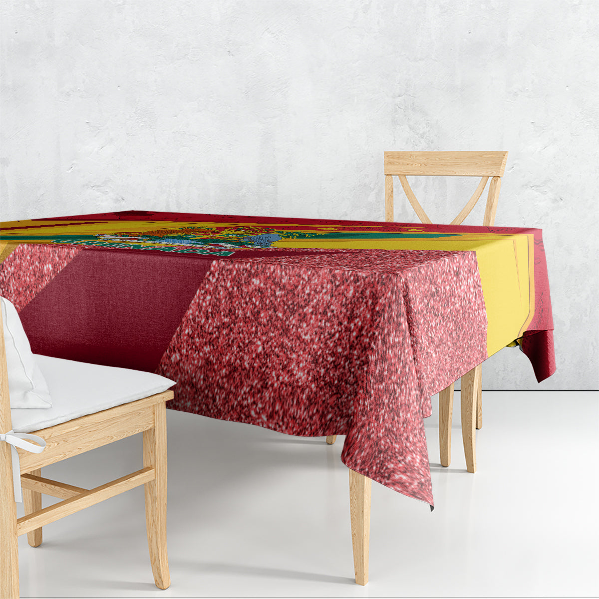 Red glitter-speckled tablecloth with multicolor side panels and patriotic design
