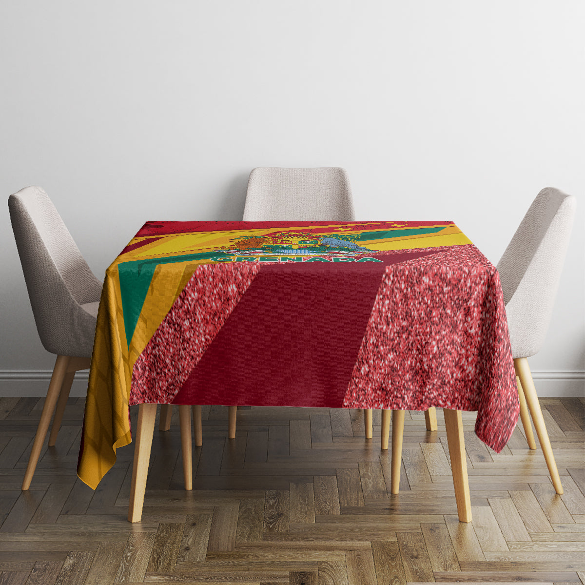 Rectangular red and yellow multicolor tablecloth with glitter-speckled center panel