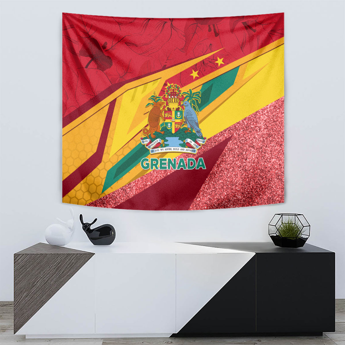 Grenada flag-style tapestry with coat of arms and “GRENADA” text on a red glitter gradient