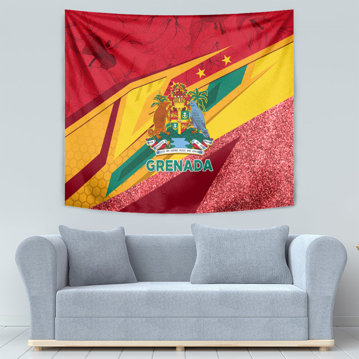 Grenada flag-style tapestry featuring crest and “GRENADA” text, yellow and green diagonal stripes