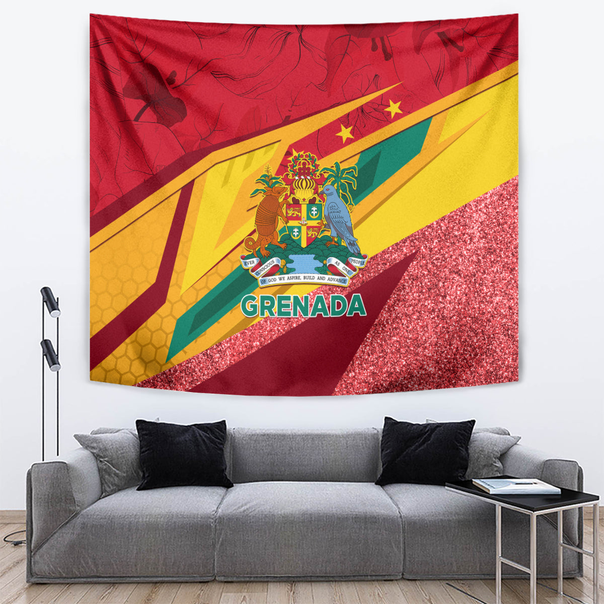 Grenada flag-style tapestry with crest and “GRENADA” lettering, red sparkle effect on right side
