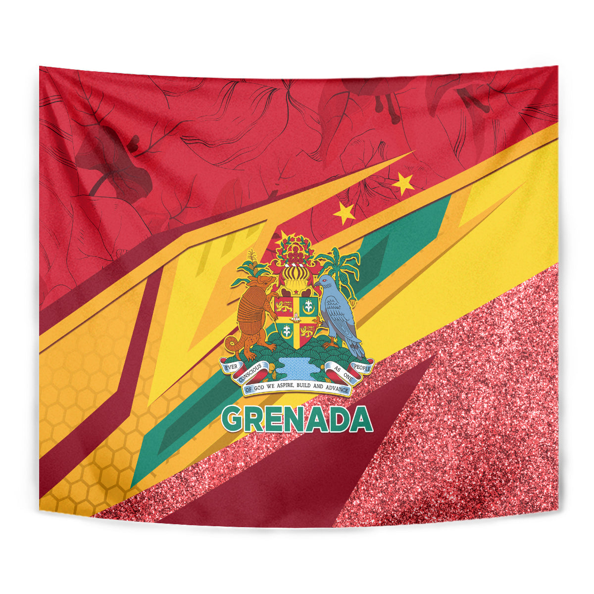 Grenada flag-style tapestry close-up with coat of arms and “GRENADA” text, glittery red background