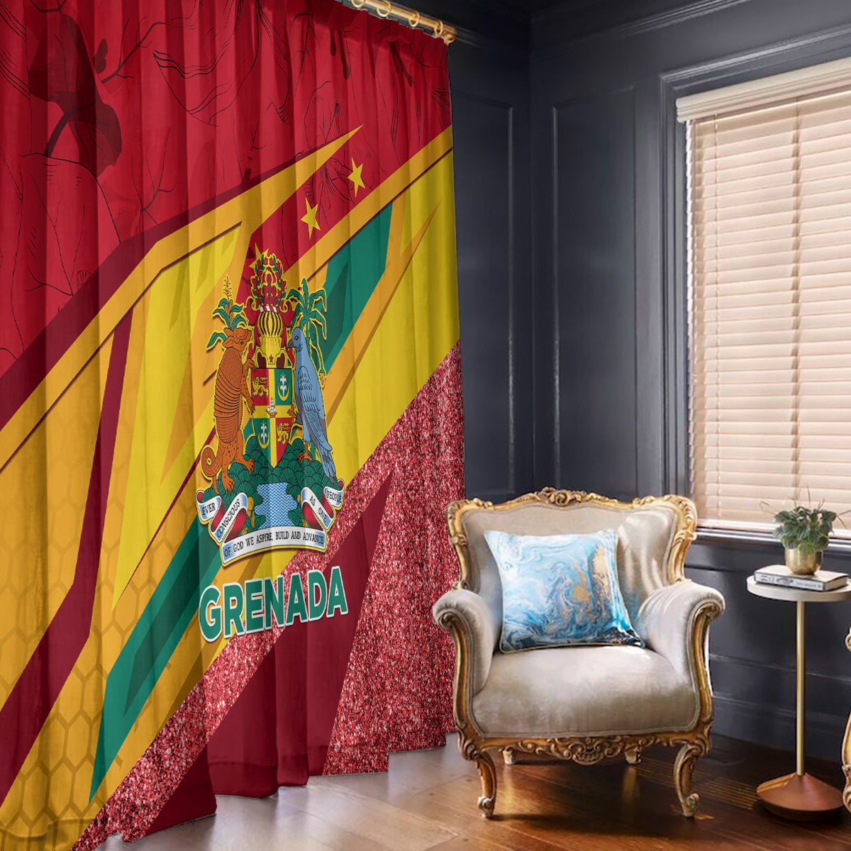 Grenada flag-themed red window curtain with crest emblem and glittery red section at bottom.