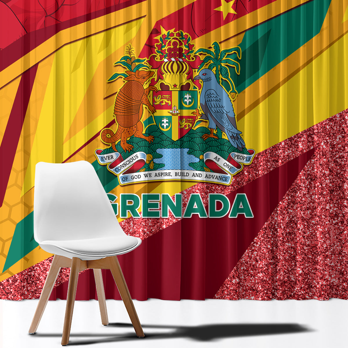 Red Grenada window curtain with central crest, diagonal stripes, and sparkly glitter border.