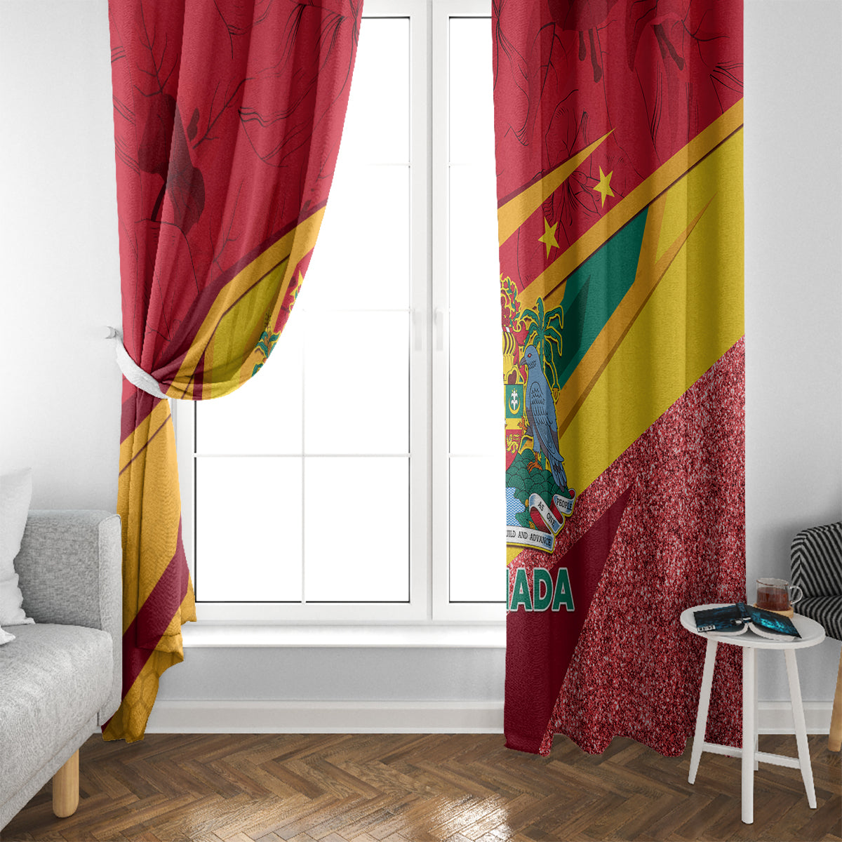 Red Grenada flag window curtain with diagonal bands and glittery red lower edge.