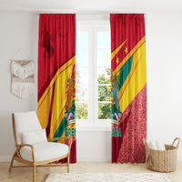 Red Grenada flag-themed window curtains with crest design and glittery red right curtain panel.