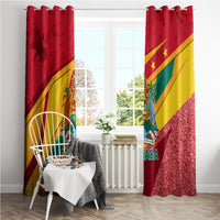 Red Grenada flag window curtains with bold diagonal stripes and sparkly glitter corner detail.