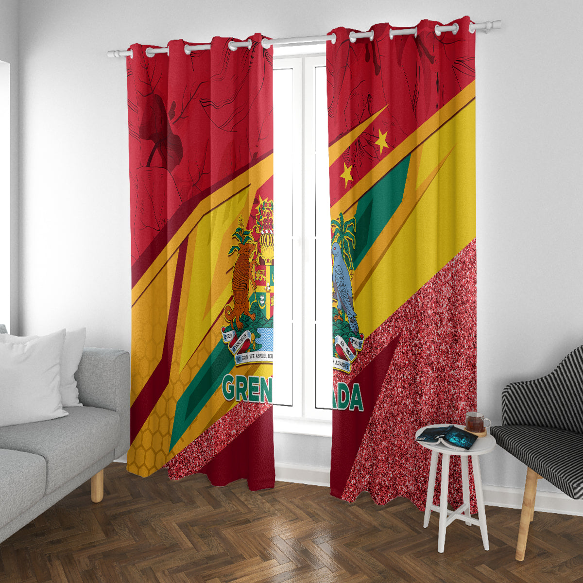Red Grenada flag-themed window curtains with crest and glittery diagonal stripe accents.