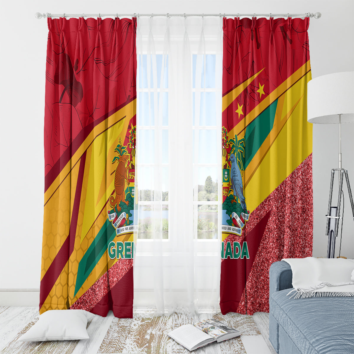 Red Grenada flag window curtains with diagonal stripes, crest emblem, and sparkly lower panel.