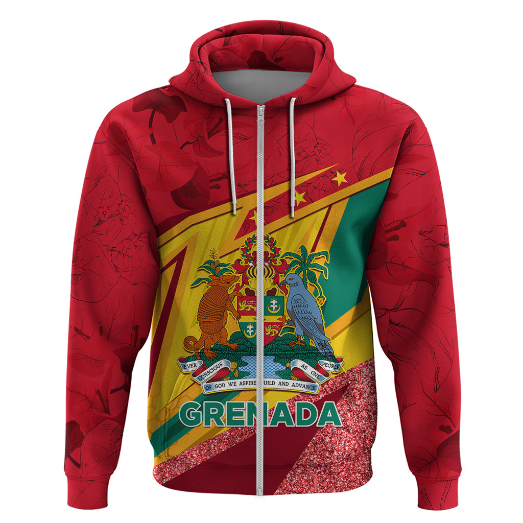 Red zip hoodie with colorful Grenada crest flag graphic and glittery hem detail