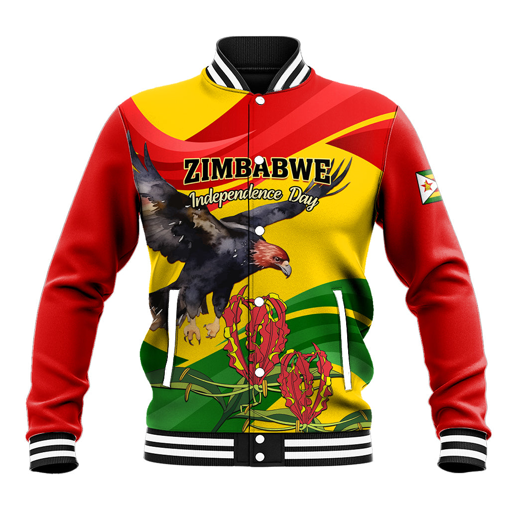 Baseball jacket with red/yellow/green front graphic and 'ZIMBABWE Independence Day' text