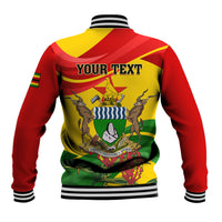 Baseball jacket with red/yellow/green back design, 'YOUR TEXT' and coat-of-arms emblem