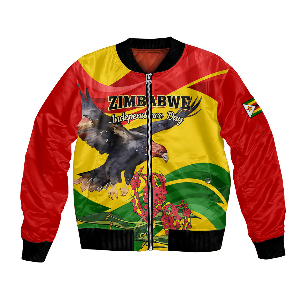 Unisex bomber jacket with red-yellow graphic front, full zipper, black ribbed hem and cuffs