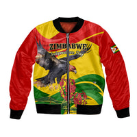 Unisex bomber jacket with red-yellow graphic front, full zipper, black ribbed hem and cuffs