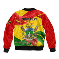 Unisex bomber jacket back with red-yellow crest graphics and 'YOUR TEXT', black ribbed trim