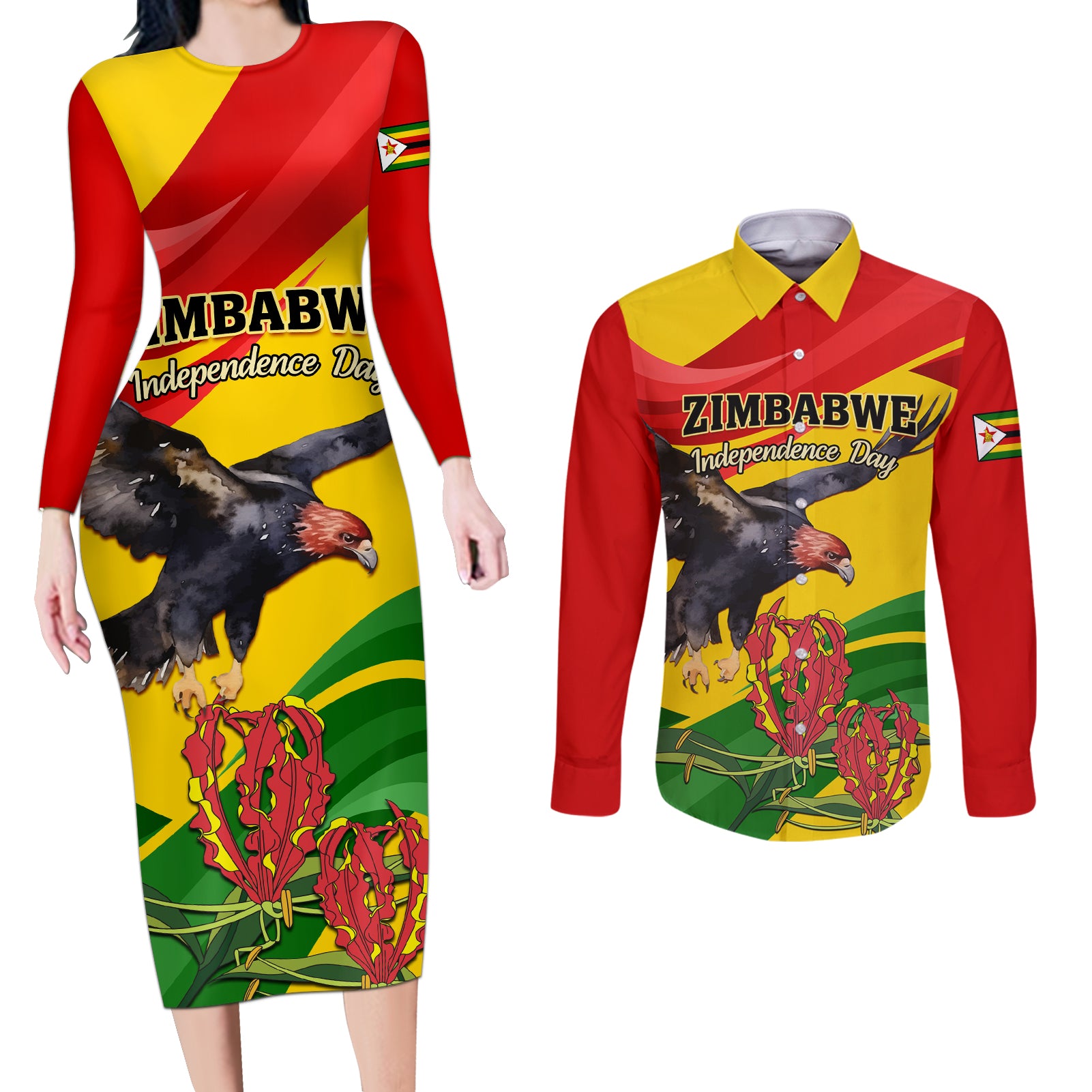 Zimbabwe Independence Day Couples Matching Long Sleeve Bodycon Dress and Long Sleeve Button Shirt Chapungu Bird With Flame Lily - Wonder Print Shop