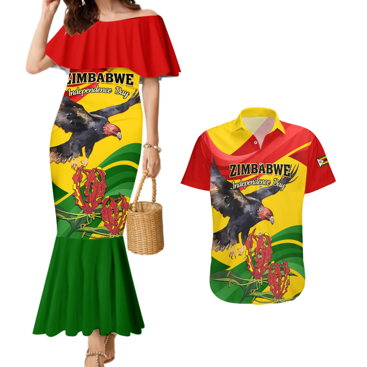 Zimbabwe Independence Day Couples Matching Mermaid Dress and Hawaiian Shirt Chapungu Bird With Flame Lily - Wonder Print Shop