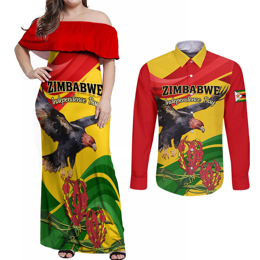 Zimbabwe Independence Day Couples Matching Off Shoulder Maxi Dress and Long Sleeve Button Shirt Chapungu Bird With Flame Lily - Wonder Print Shop