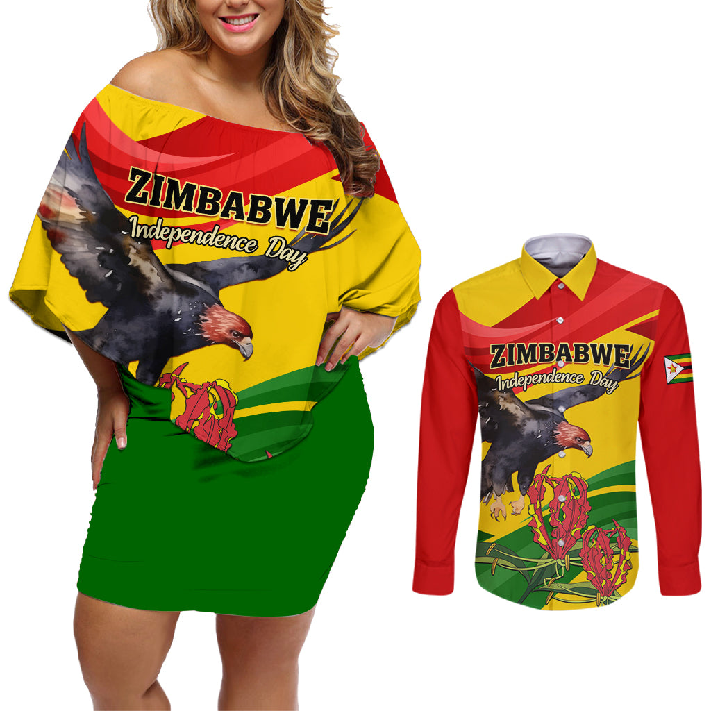 Zimbabwe Independence Day Couples Matching Off Shoulder Short Dress and Long Sleeve Button Shirt Chapungu Bird With Flame Lily - Wonder Print Shop