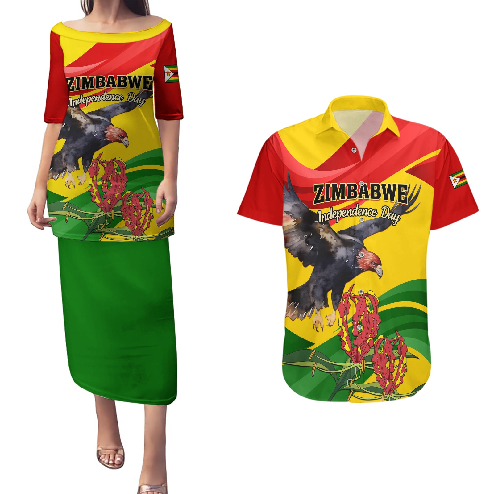 Zimbabwe Independence Day Couples Matching Puletasi and Hawaiian Shirt Chapungu Bird With Flame Lily - Wonder Print Shop