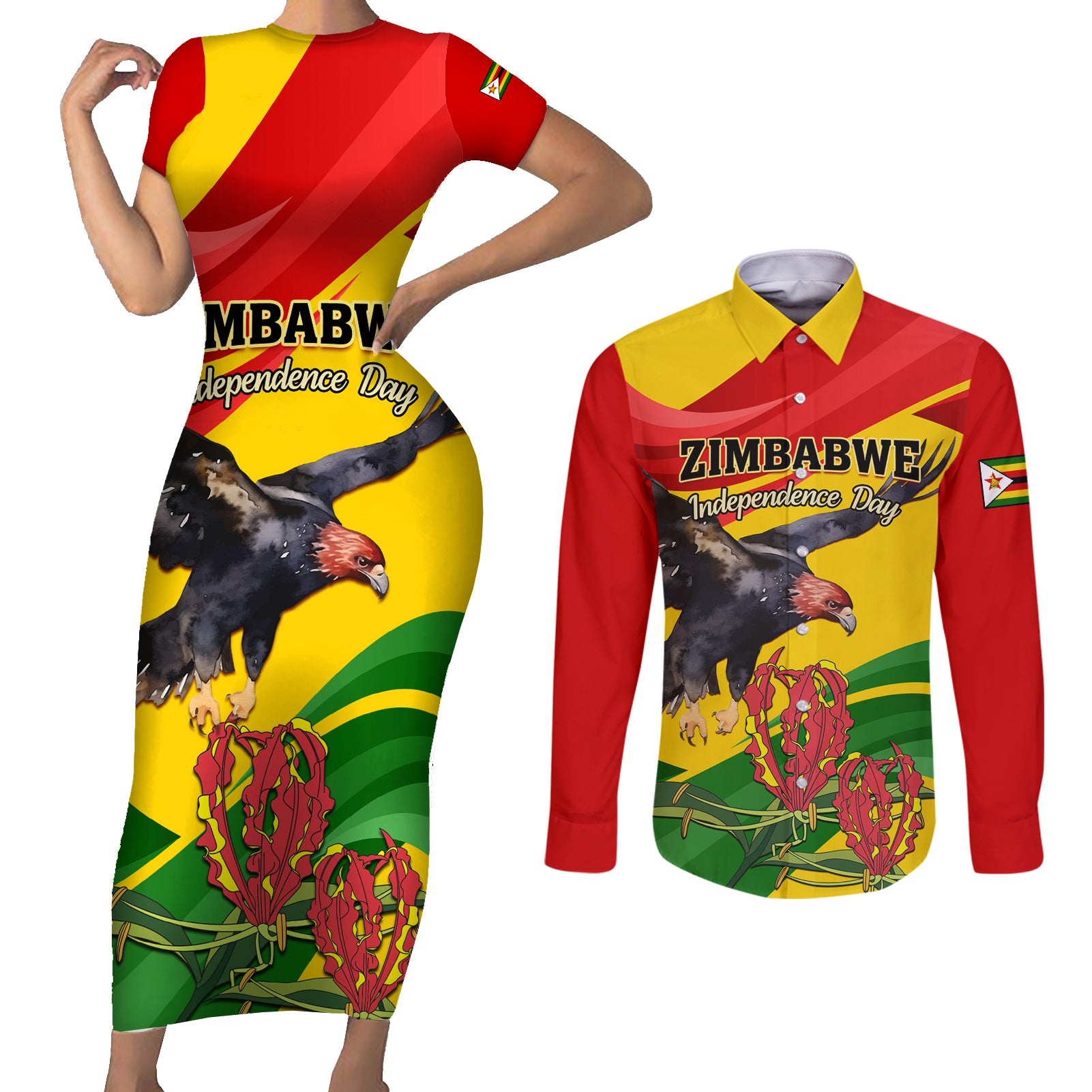 Zimbabwe Independence Day Couples Matching Short Sleeve Bodycon Dress and Long Sleeve Button Shirt Chapungu Bird With Flame Lily - Wonder Print Shop