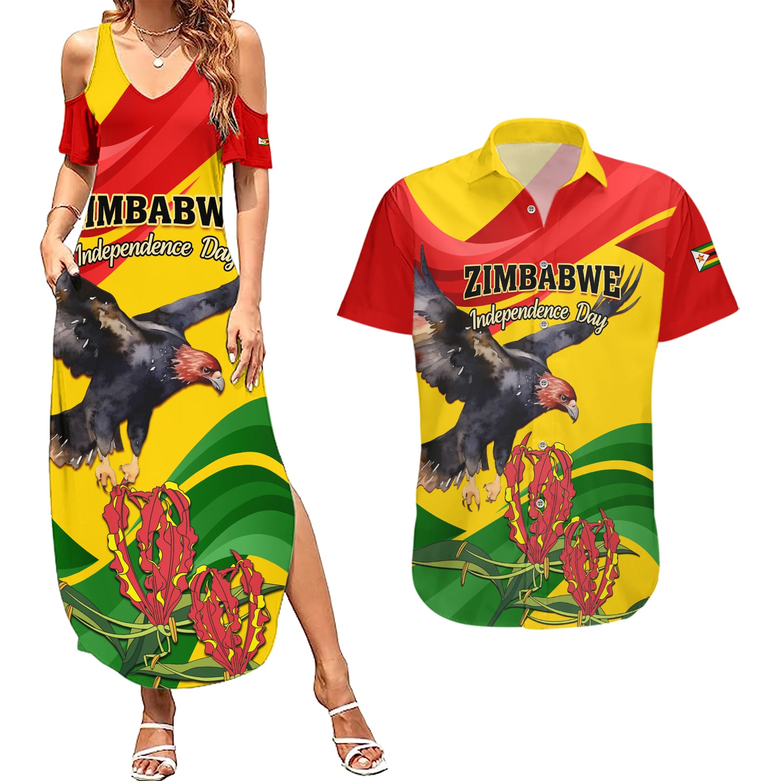 Zimbabwe Independence Day Couples Matching Summer Maxi Dress and Hawaiian Shirt Chapungu Bird With Flame Lily - Wonder Print Shop