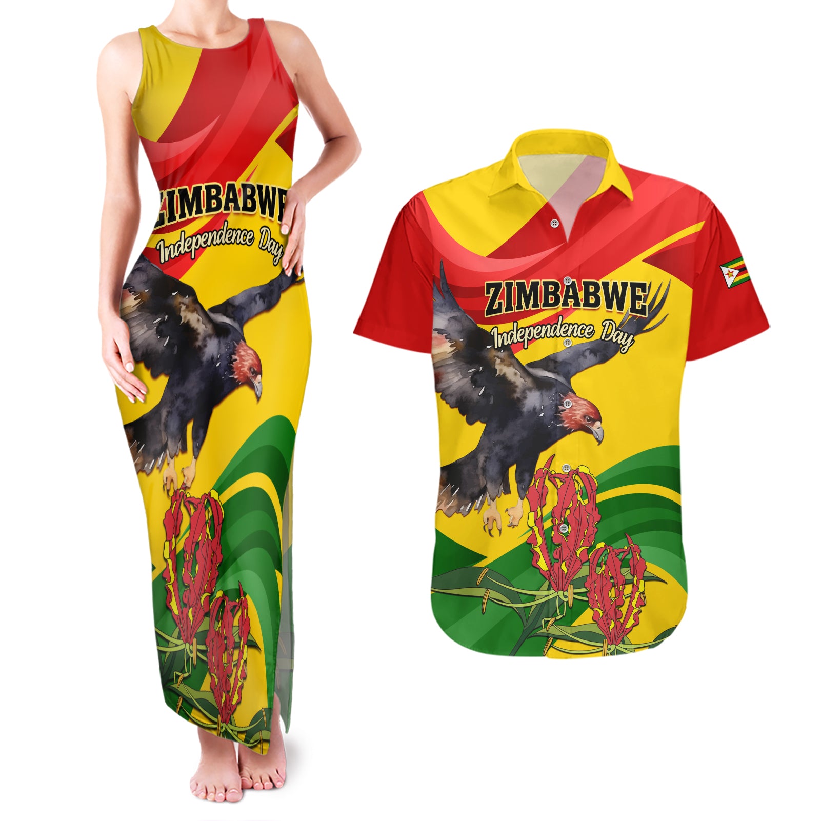 Zimbabwe Independence Day Couples Matching Tank Maxi Dress and Hawaiian Shirt Chapungu Bird With Flame Lily - Wonder Print Shop