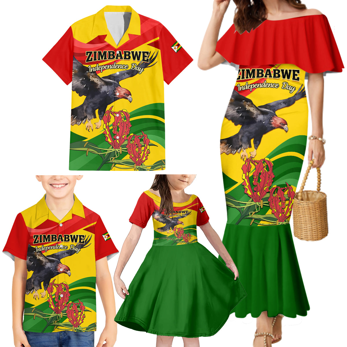 Zimbabwe Independence Day Family Matching Mermaid Dress and Hawaiian Shirt Chapungu Bird With Flame Lily - Wonder Print Shop