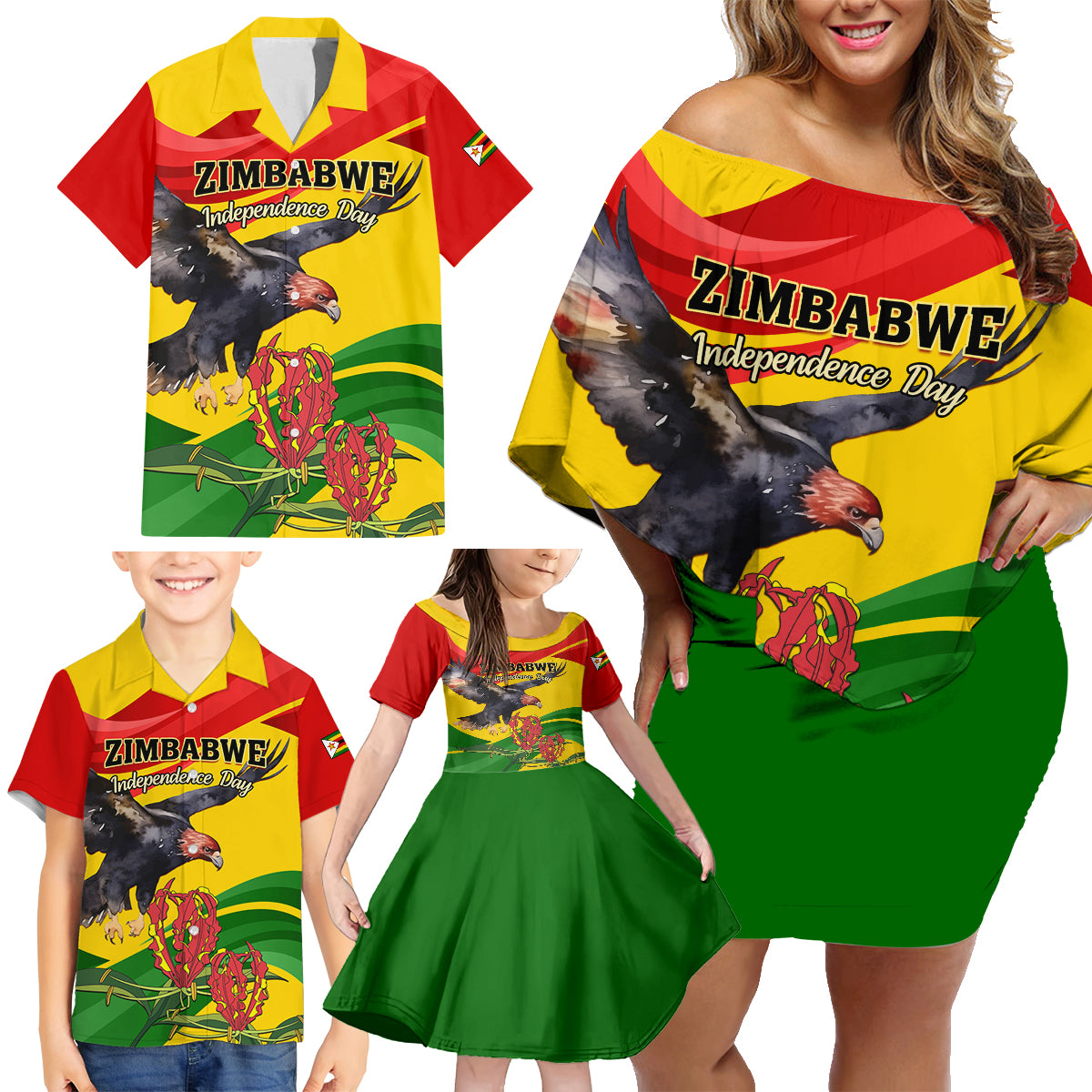 Zimbabwe Independence Day Family Matching Off Shoulder Short Dress and Hawaiian Shirt Chapungu Bird With Flame Lily - Wonder Print Shop