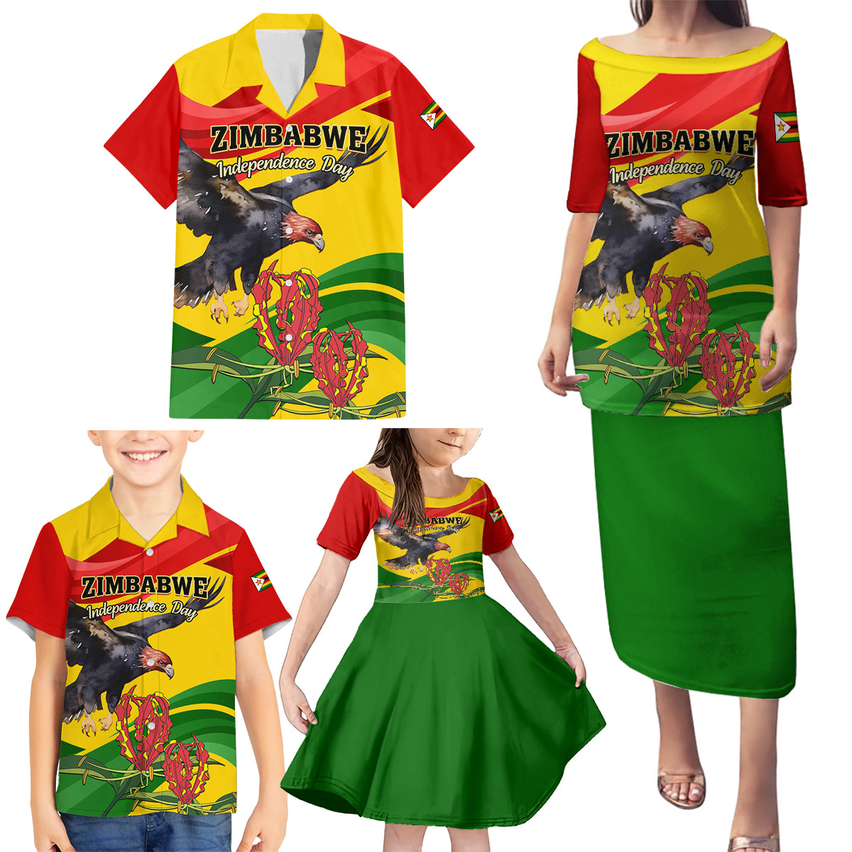 Zimbabwe Independence Day Family Matching Puletasi and Hawaiian Shirt Chapungu Bird With Flame Lily - Wonder Print Shop