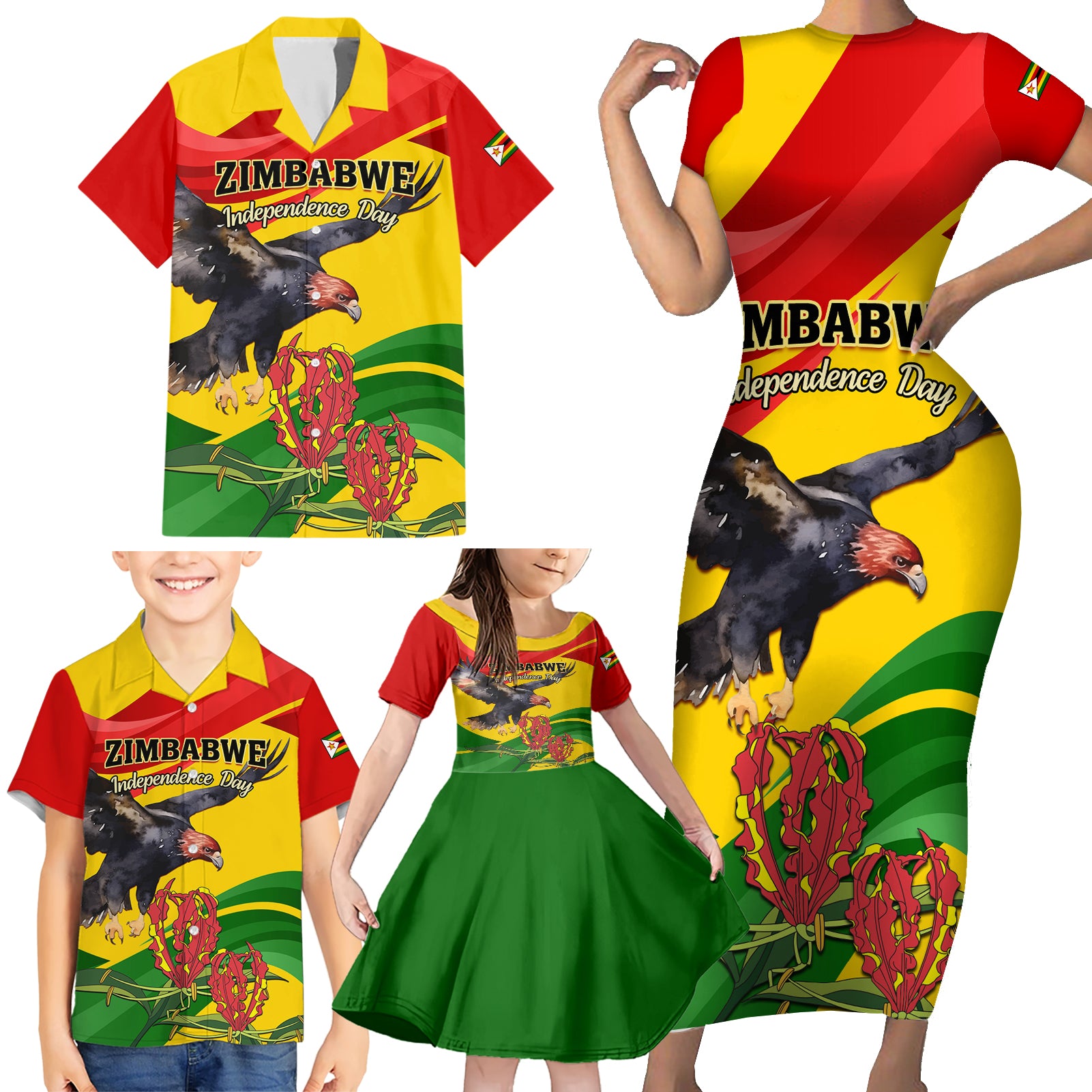 Zimbabwe Independence Day Family Matching Short Sleeve Bodycon Dress and Hawaiian Shirt Chapungu Bird With Flame Lily - Wonder Print Shop